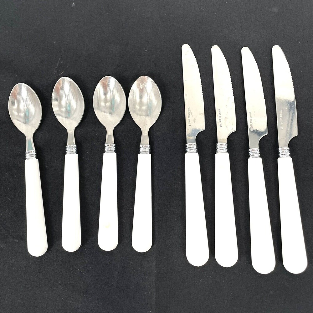 Gibson Knives Teaspoons Stainless White Plastic Handle Serrated Dinner Lot of‎ 8